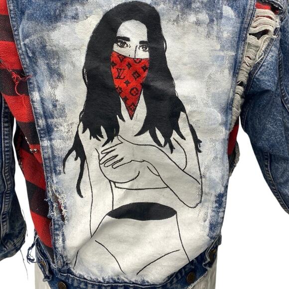 Levi's Men's Blue Distressed Long Sleeve Graphic Denim Jeans Coat Jacket Size XS - Picture 4 of 6